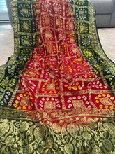 Load image into Gallery viewer, Red Green Bandhani Square Golden Zari Border Silk Saree Elegant

