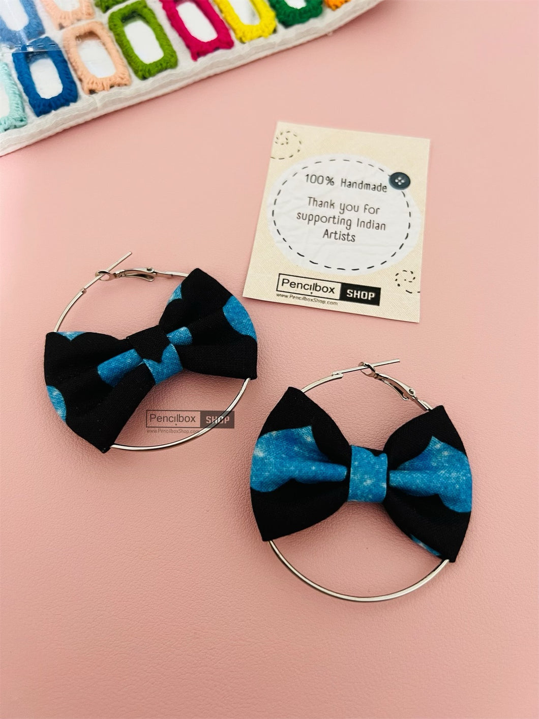 Handmade Bow Blue Black Fabric Hoop Earrings