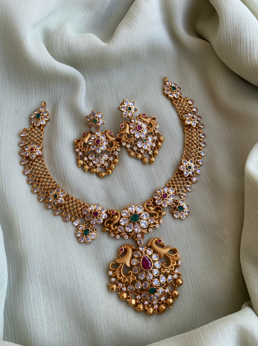 Multicolor Designer Temple Peacock American diamond cz Gold finish necklace set