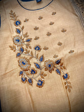 Load image into Gallery viewer, 3 pieces Mustard Golden Grey Embroidery Half n half print Chanderi Straight suit 40 size