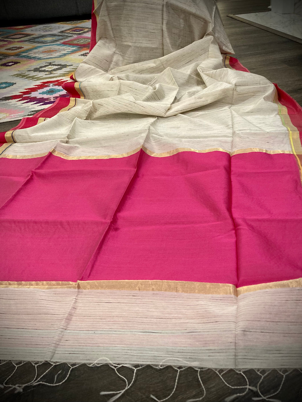 Pink beige Silk Handloom weaving Zari border pink light brown Saree