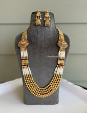Load image into Gallery viewer, Lakshmi ji Multicolor Pearl cz kemp stone Haram Designer Necklace set temple Haram jewelry
