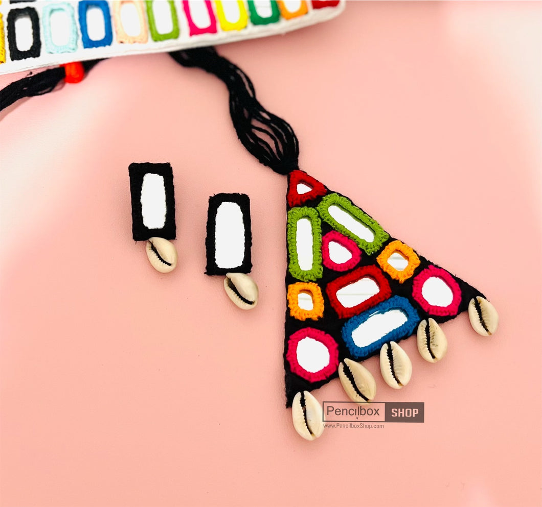 Long Triangle Mirror Handmade Shell Necklace set