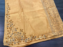 Load image into Gallery viewer, 3 pieces Mustard Golden Grey Embroidery Half n half print Chanderi Straight suit 40 size