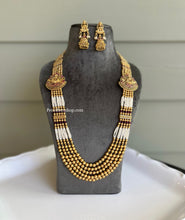 Load image into Gallery viewer, Lakshmi ji Multicolor Pearl cz kemp stone Haram Designer Necklace set temple Haram jewelry
