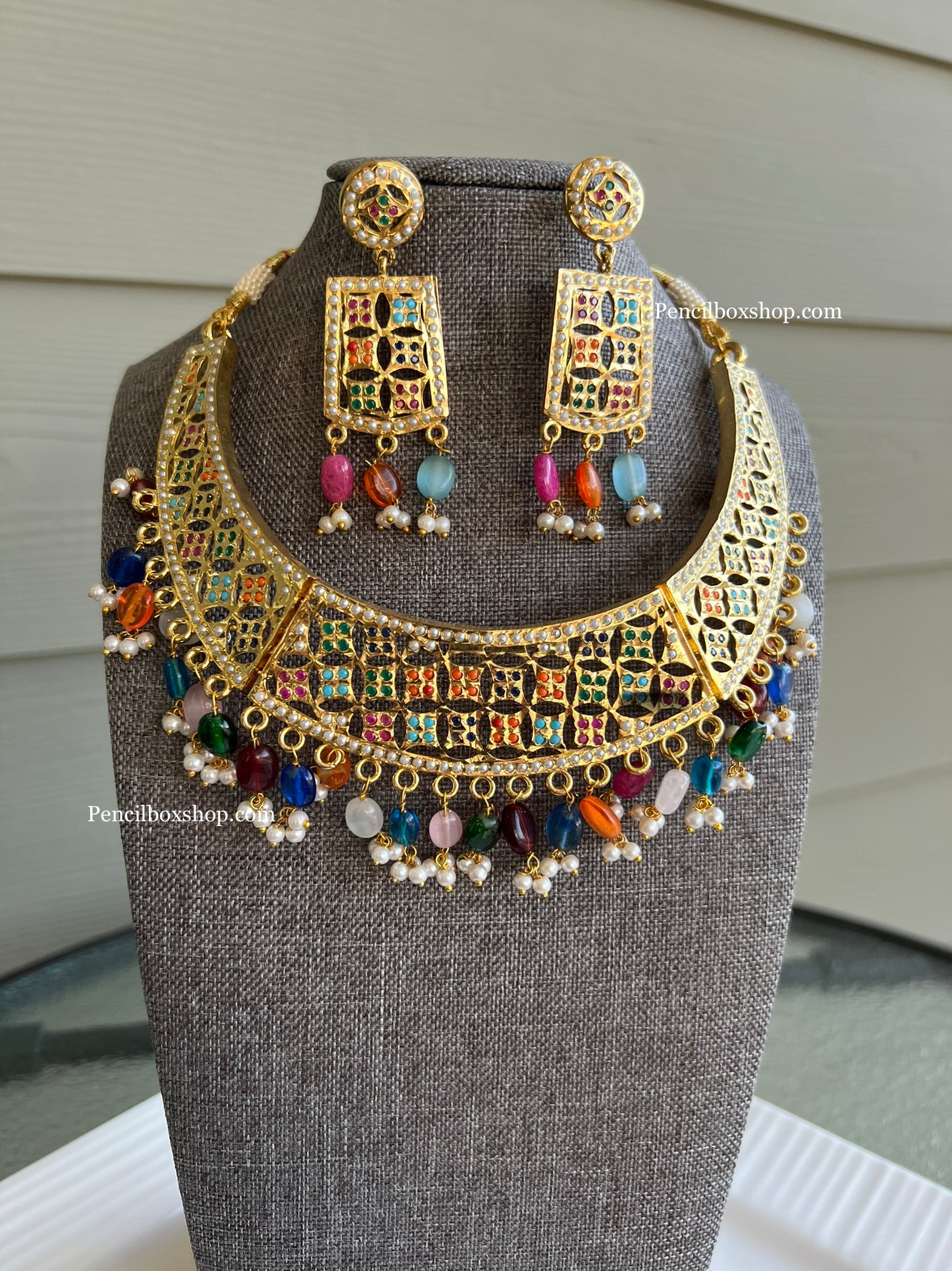 Jadau Multicolor Moti Simple Elegant Necklace set PencilboxShopUSA