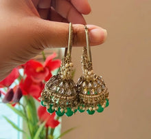 Load image into Gallery viewer, Kundan Golden pearl Round hanging Jhumki Earrings
