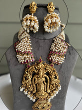Load image into Gallery viewer, Lakshmi ji  Pearls Ruby Real Kemp Stone Grand Bridal Designer Statement Haram Temple Necklace set Jewelry
