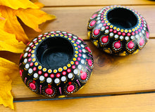 Load image into Gallery viewer, Set of 2 Handmade Pink Mandala work Candle Holder
