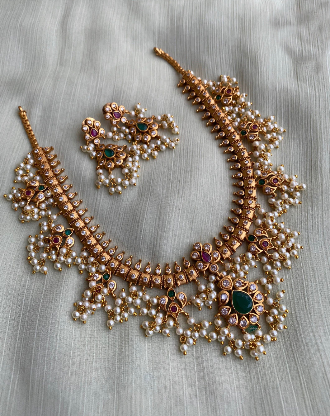 Multicolor guttapusalu Kemp stone Cz Copper based necklace set