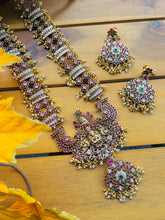 Load image into Gallery viewer, Lakshmi ji Guttapusalu Pearls multicolor Real Kemp Stone Golden beads Haram Temple Necklace set Jewelry
