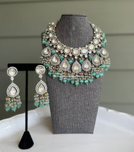 Load image into Gallery viewer, Noor - Uncut Polki Dual Tone Silver Foiled Mint Pink Statement Designer Necklace set