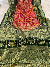 Load image into Gallery viewer, Red Green Bandhani Square Golden Zari Border Silk Saree Elegant
