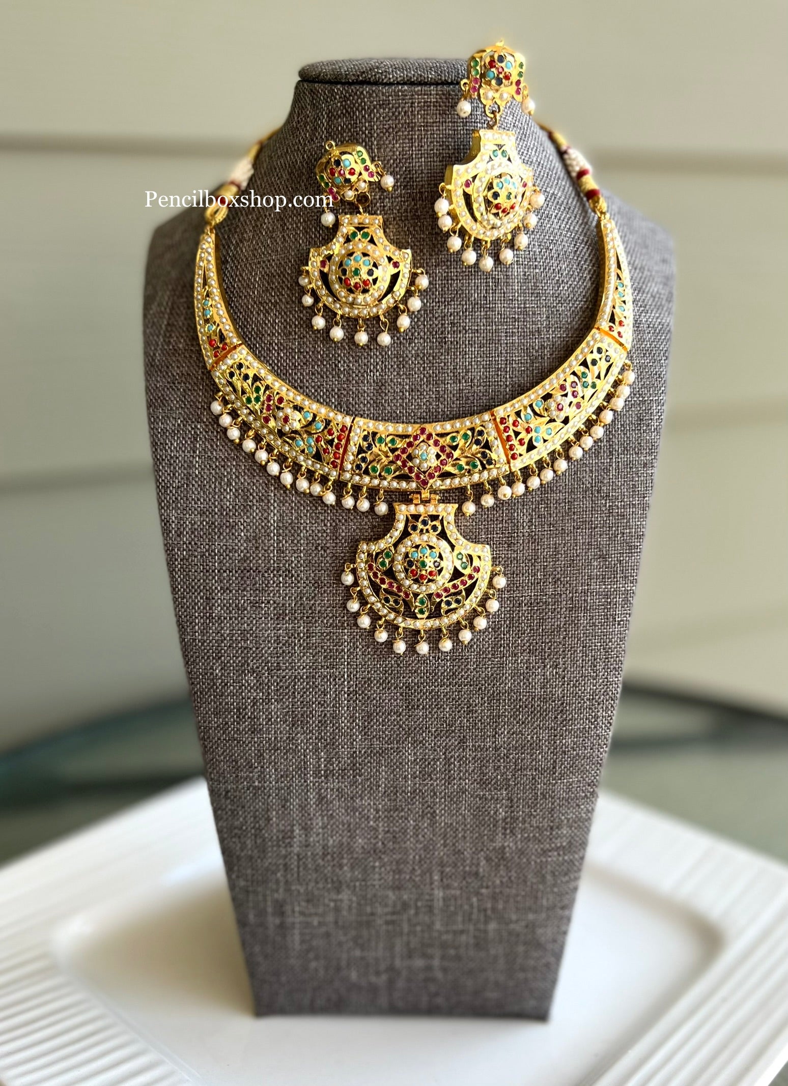 Jadau Multicolor Moti Simple Elegant Devi Necklace set PencilboxShopUSA
