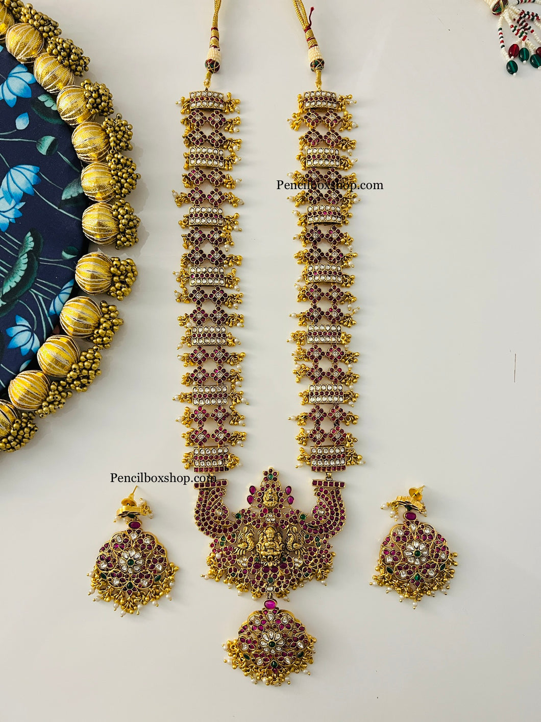Lakshmi ji Guttapusalu Pearls multicolor Real Kemp Stone Golden beads Haram Temple Necklace set Jewelry