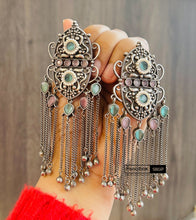 Load image into Gallery viewer, German silver Jharna Stone long dangling Tassel Pearl Earrings
