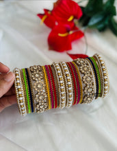 Load image into Gallery viewer, Polki Multicolor Pearl Flower Velvet bangle set
