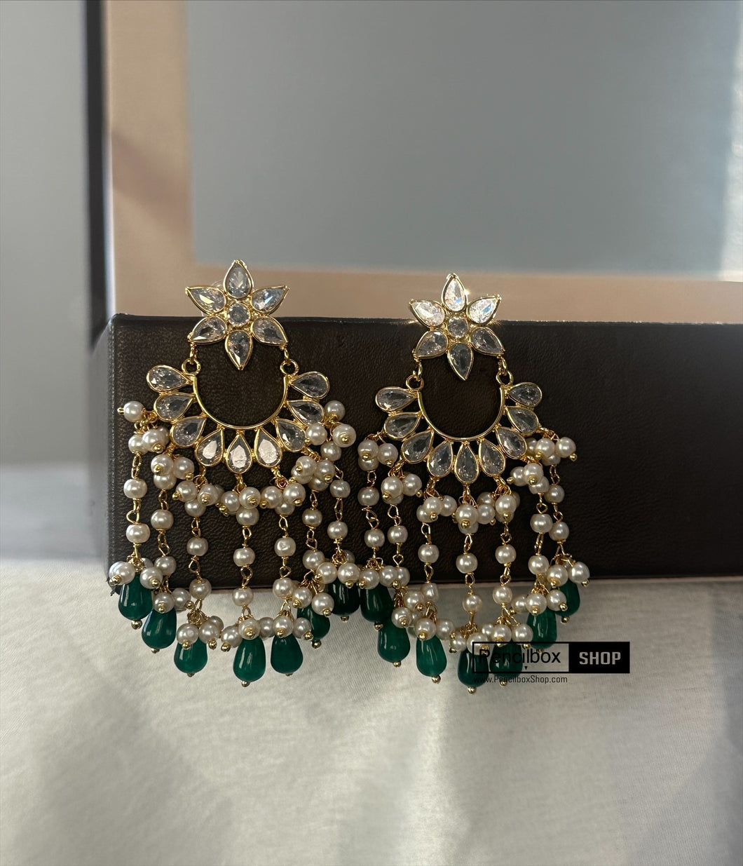 14k Gold plated Green White Pearl Temple earrings