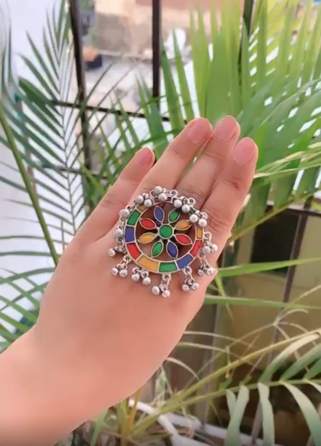 Afghani Adjustable  Flower Multicolor Ring ghungroo oxidised