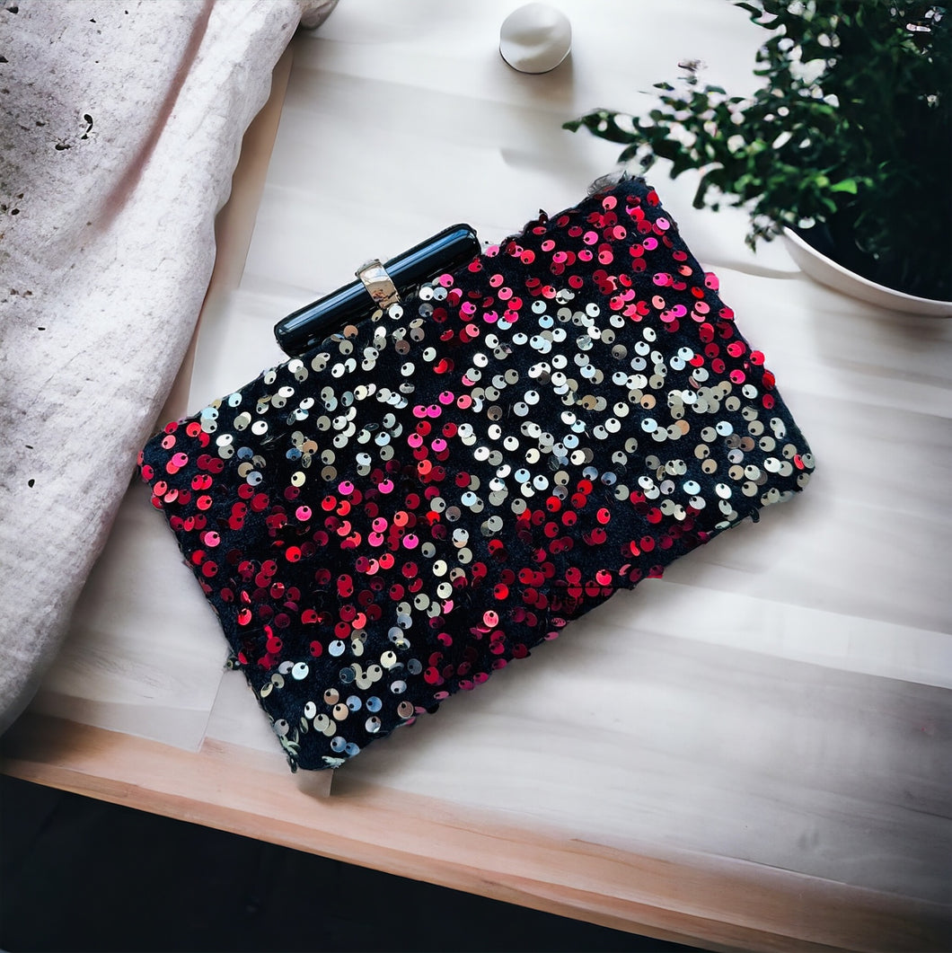 Red silver sequins embroidery Ethnic clutch for women with chain