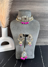 Load image into Gallery viewer, Nina Hot pink pearl Premium Mirror choker necklace set with maangtikka
