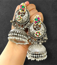 Load image into Gallery viewer, 92.5 multicolor Peacock pachi kundan Jhumka earrings

