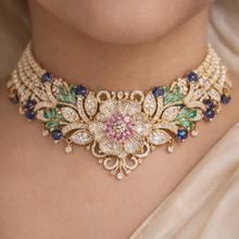 Load image into Gallery viewer, Solitaire Floral Rose Gold MM pink Mint Pearl Multicolor Long Solitaire Premium Choker Necklace set
