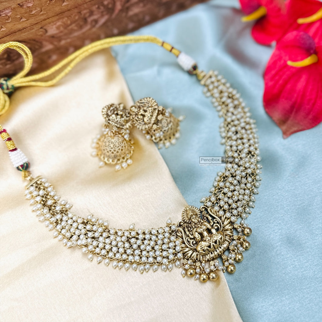 Golden Lakshmi ji  Kemp Stone Beaded Temple Necklace set