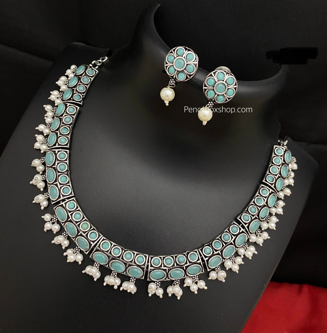 Dainty German silver stone pearl sleek necklace set