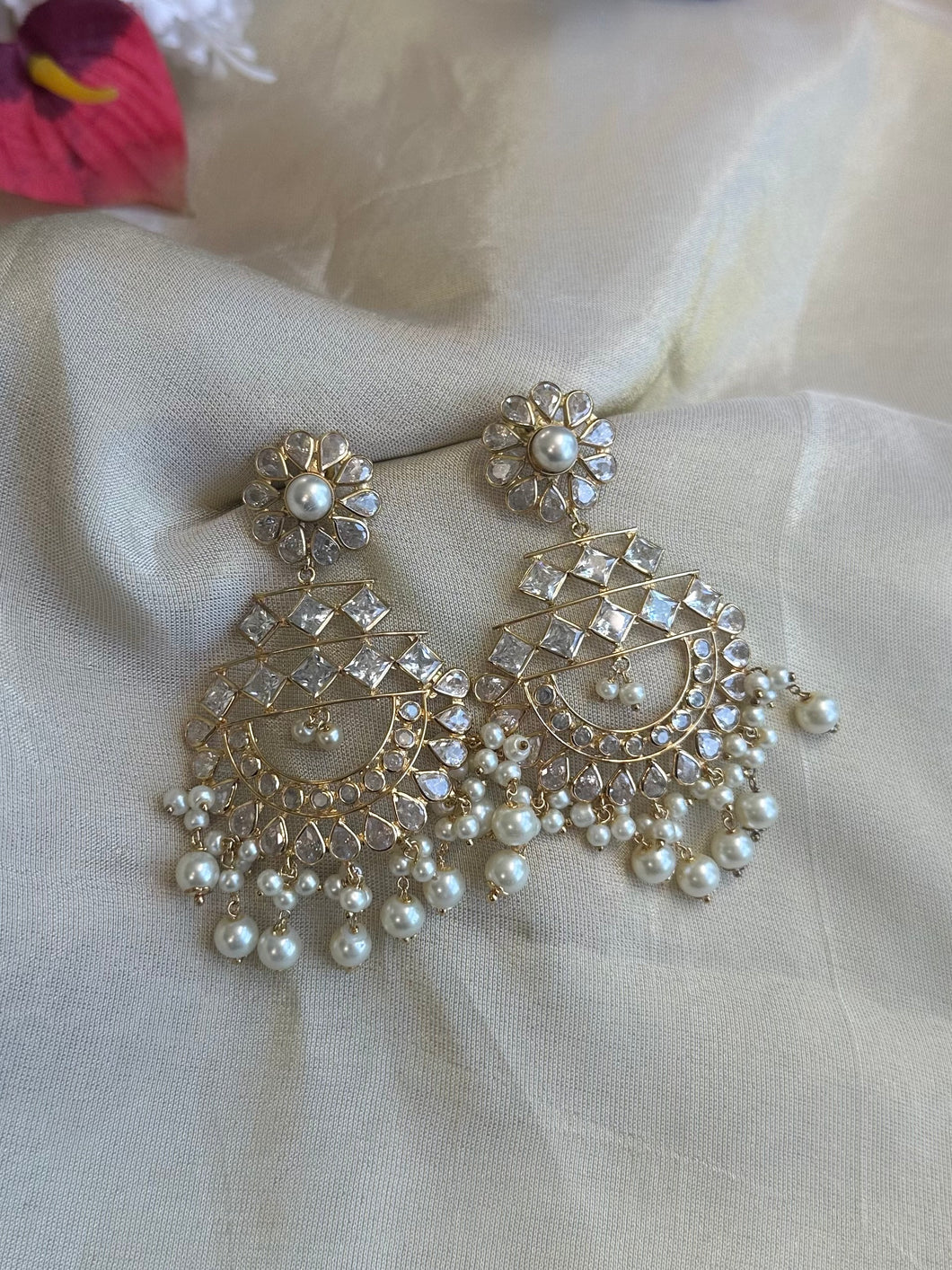 14k Gold plated White Pearl Flower Chandbali Jhumka earrings