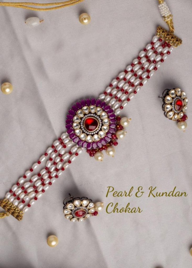 Ruby White pearl choker necklace  set premium  quality