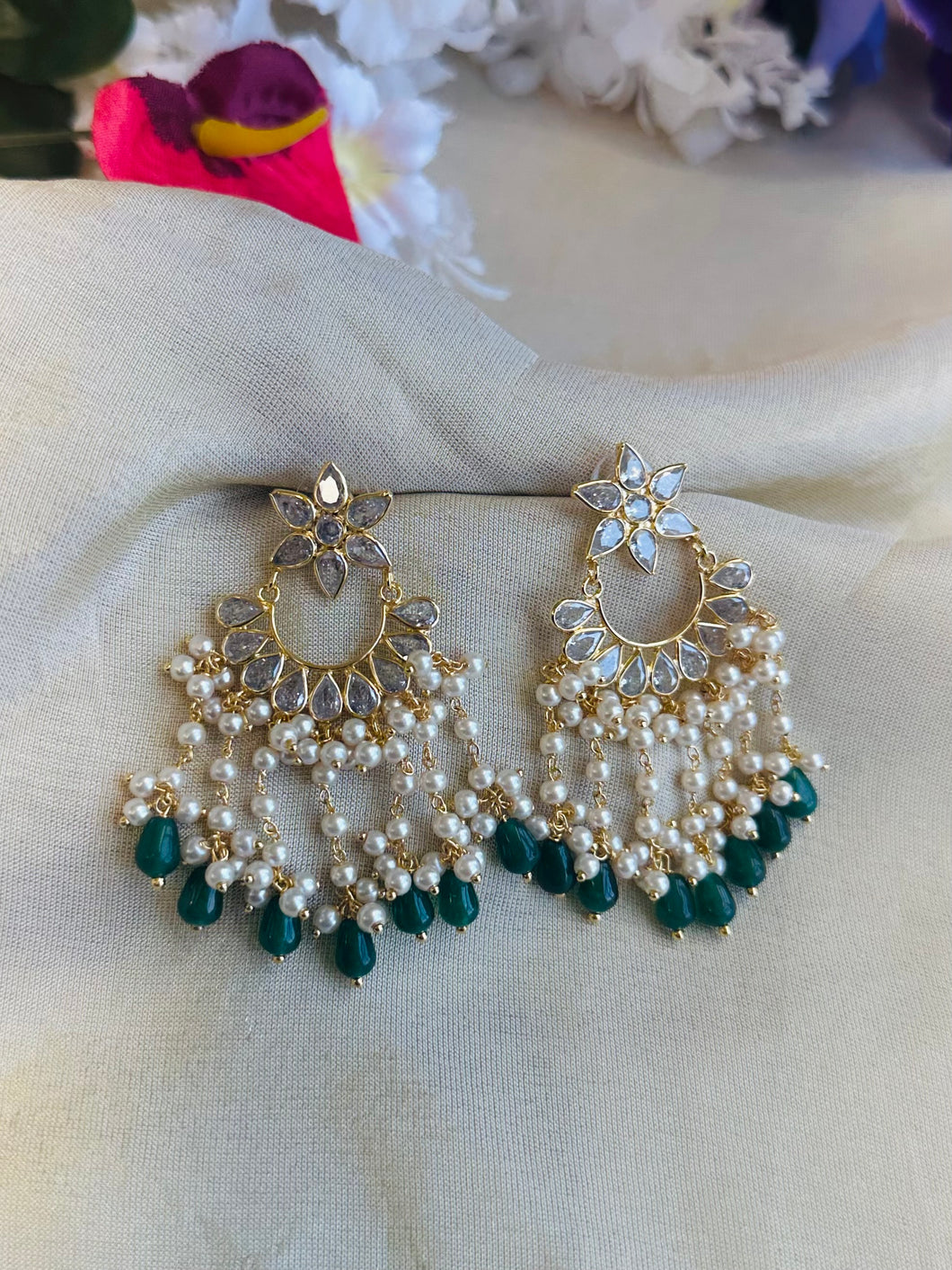 14k Gold plated Green White Pearl Temple earrings