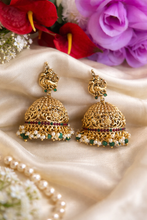 Load image into Gallery viewer, Kemp Stone Peacock Pearl Drop Hanging Drop Temple jhumka  earrings
