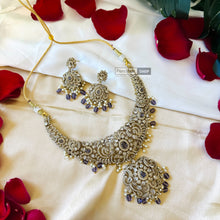 Load image into Gallery viewer, Golden Purple Peacock Kundan Polki Temple ethnic Necklace set

