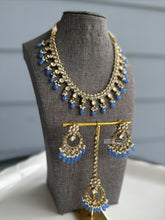 Load image into Gallery viewer, Radhs Light Blue Golden Kundan Polki Necklace Set with Maangtikka
