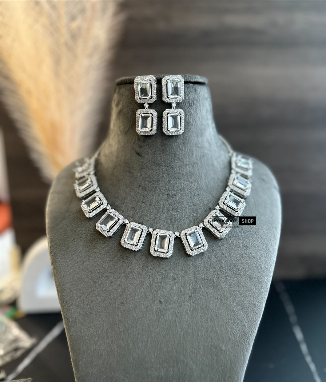 Designer Silver Finish American Diamond Necklace set