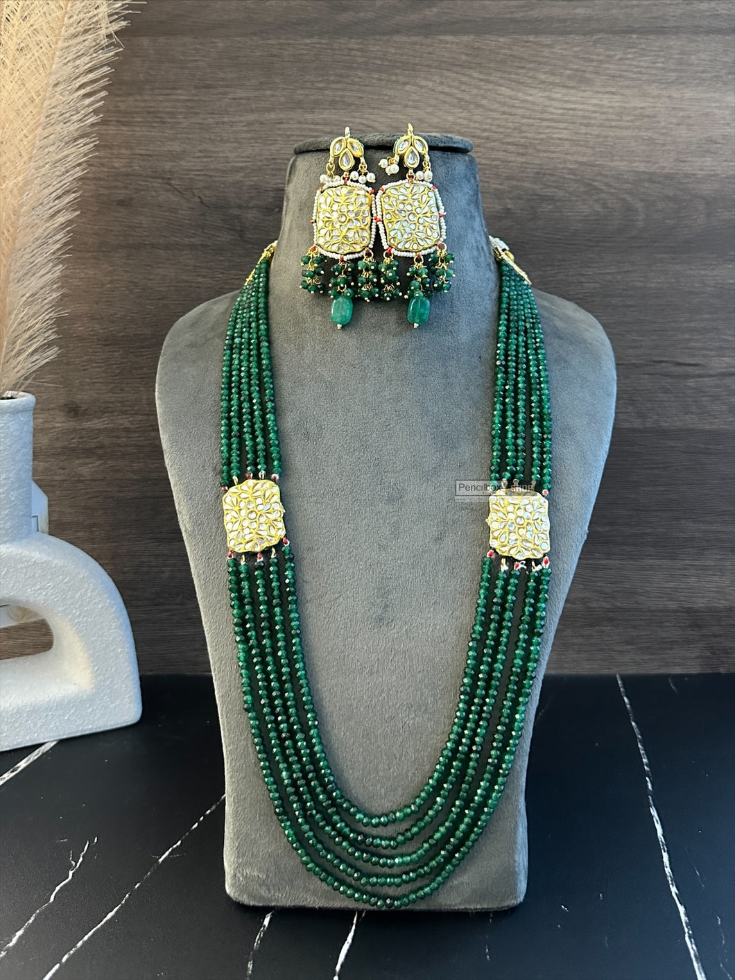 Green kundan Long Mala Pearl Meenakari Necklace set