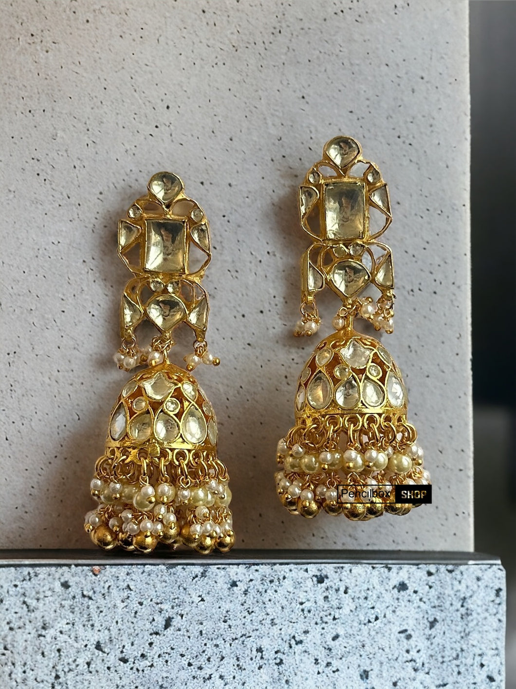 Pachi Kundan Brass White layered Jhumka Designer Earrings