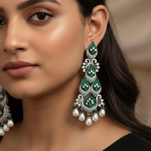 Load image into Gallery viewer, Statement Pearl Invisible American Diamond Solitaire Dangling Earrings
