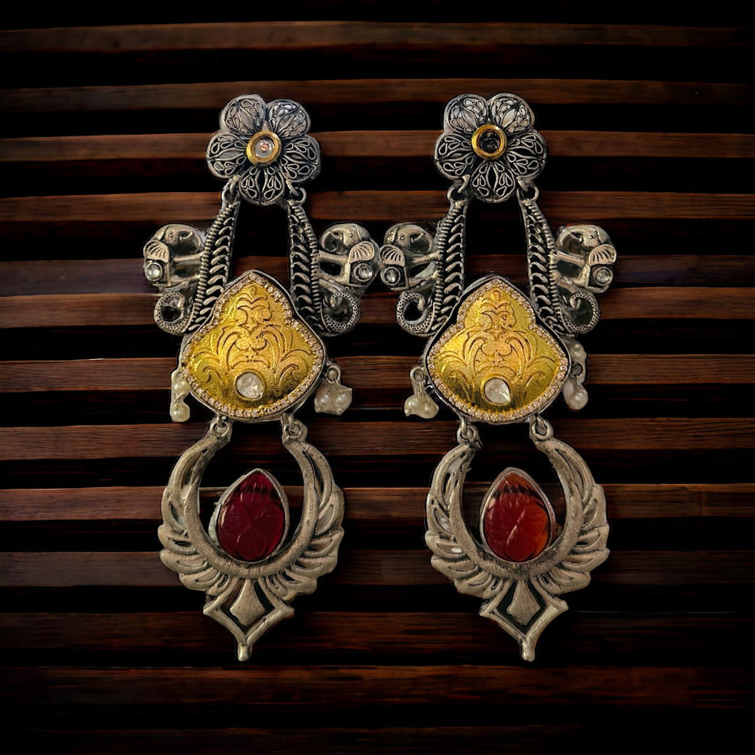German silver Elephant Fusion long jhumka Earrings