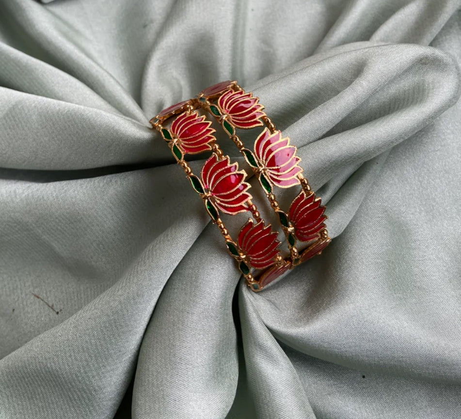 NEW LAUNCH Lotus Enamel Ruby green Bangle set