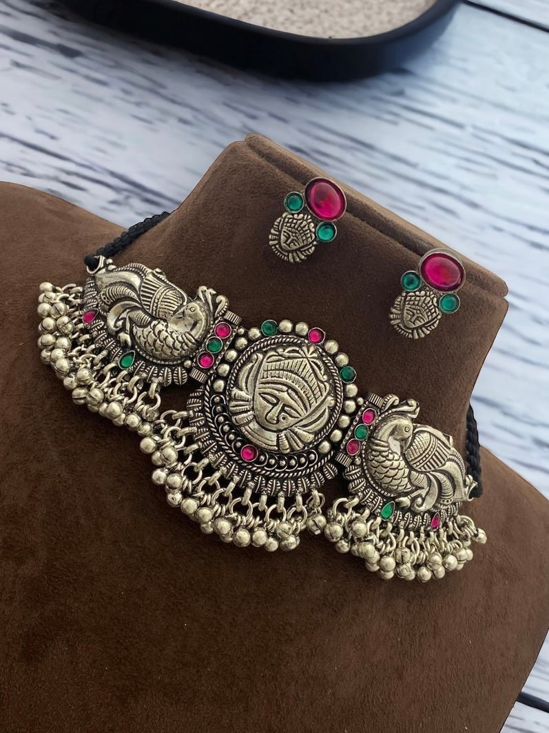 German silver Durga ghungroo Kemp stone necklace choker set