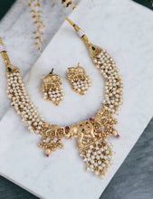 Load image into Gallery viewer, Golden Pearl elephant Ethnic Necklace set temple jewelry
