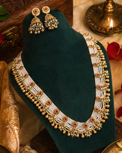 Load image into Gallery viewer, Pearl Kemp Stone Long Haram Jadau temple necklace set
