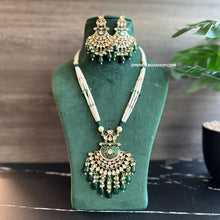 Load image into Gallery viewer, 22k gold plated Green Enamel meena work Pearl Long Tayani Necklace set
