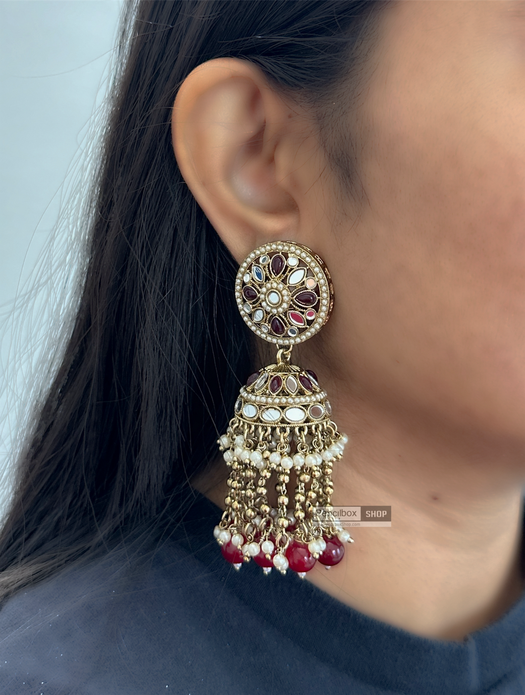 Long Beads Mirror Jhumka Stone Earrings