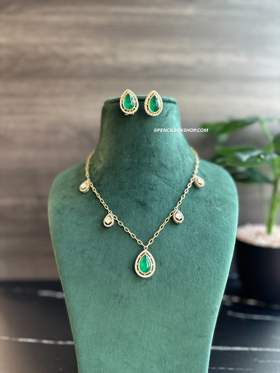 Kashvi Green Gold plated Dainty moissanite Stone Chain Necklace set