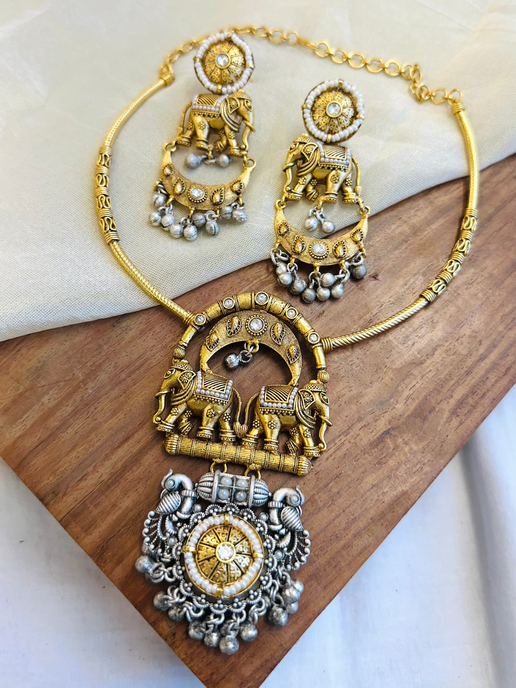 German Silver Dual Tone Elephant Golden necklace set