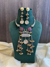 Load image into Gallery viewer, German Silver lookalike pachi Kundan Ghungroo print Necklace set
