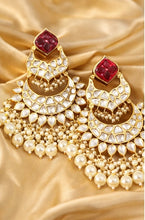Load image into Gallery viewer, Tayani Kundan gold plated Carved Ruby Dangling chandbali earrings
